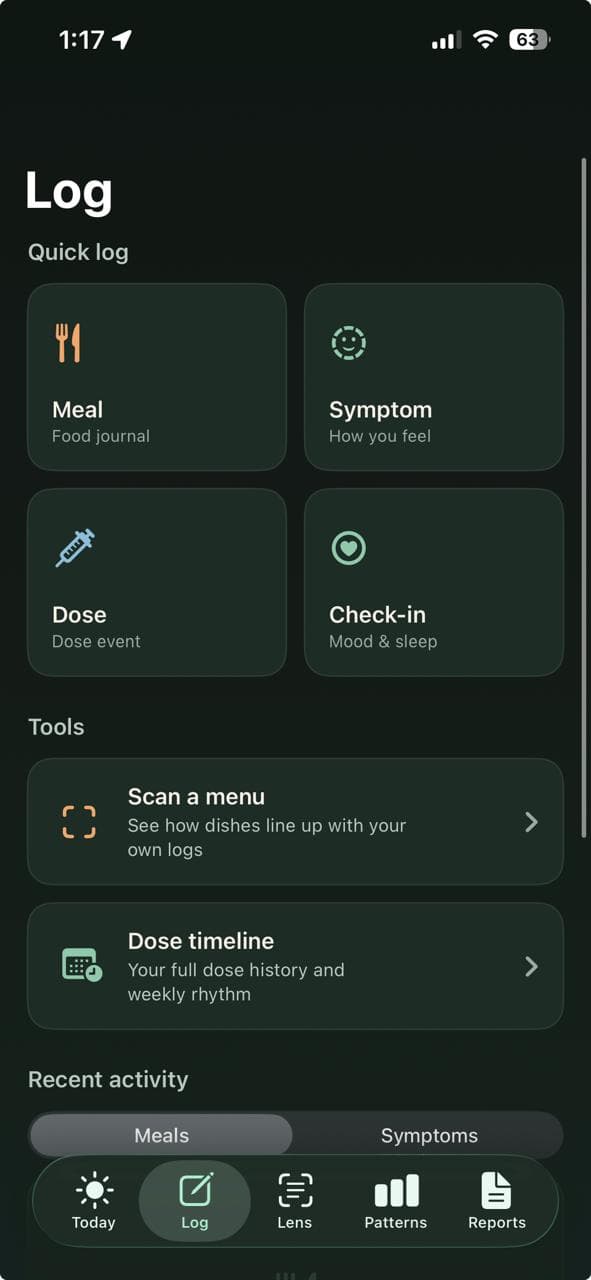 PlateCalm's Log screen, with quick entry for meals, symptoms, doses and a daily check-in